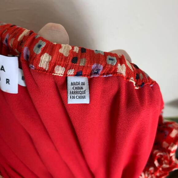 Tanya Taylor Daria Silk Midi Dress Size 8 Red Geo Print Chiffon Ruffles - Picture 7 of 12